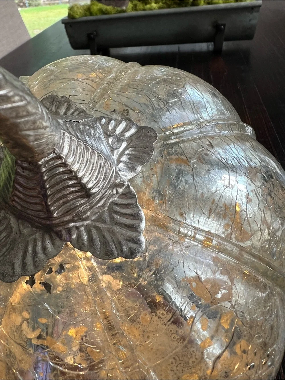 Mercury Crackle Glass Pumpkin Decoration, Silver Tone Metal Stem